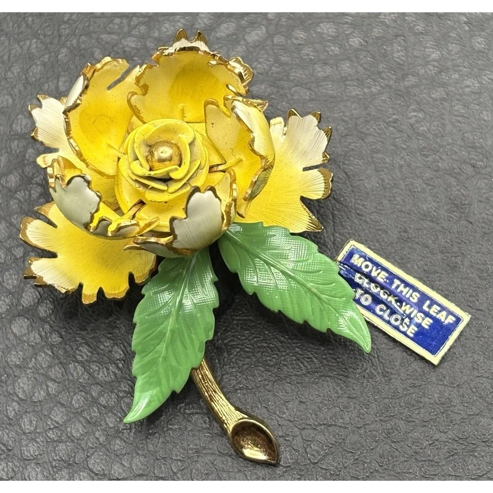 VTG Warner Yellow Enamel Night & Day Brooch Pin Mechanical Flower Opens With Tag